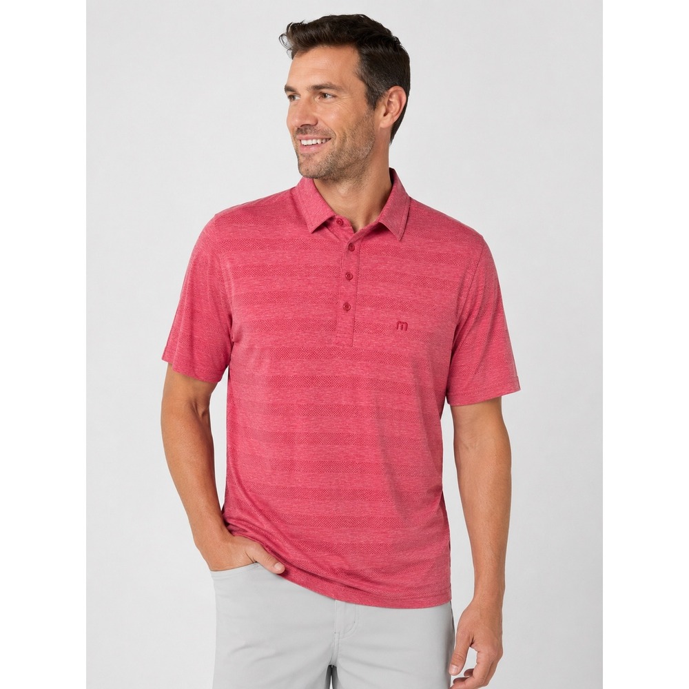 TravisMathew Mens‎ Large Red Heathered Stripe Short Sleeve Golf Polo Shirt
